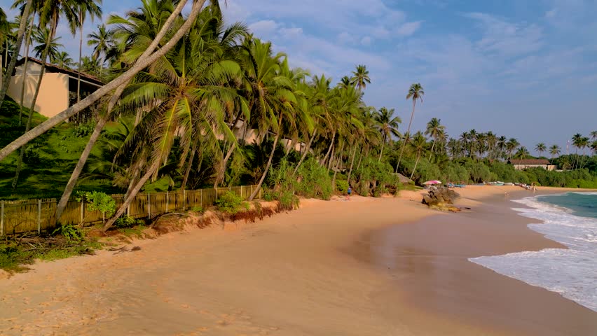 flying over a sand beach with coconut trees in Sri Lanka - Weligama 
