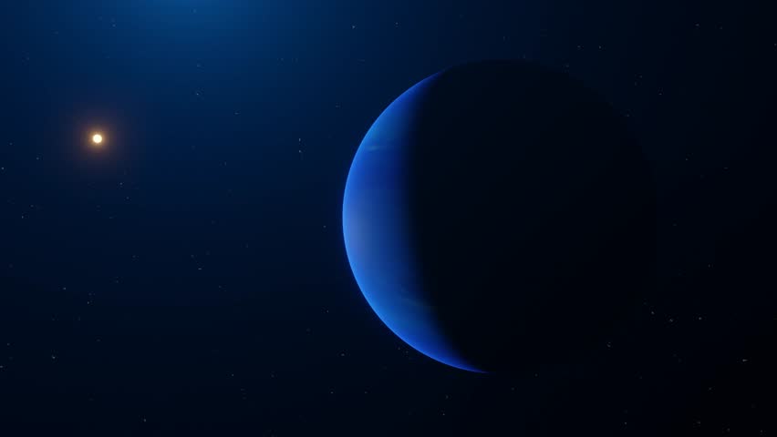 3D animation showing the planet Neptune with the Sun in the background. Royalty-Free Stock Footage #1105592995