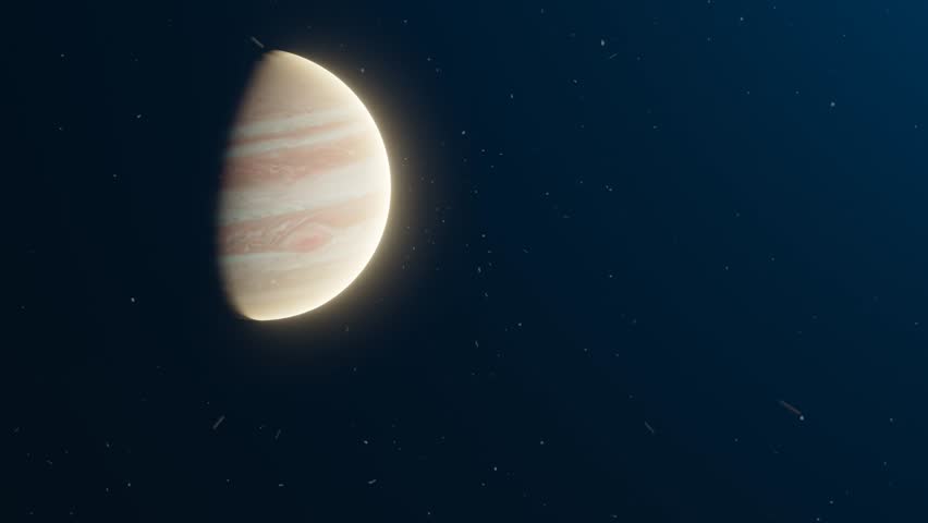 3D animation showing the Voyager space probe flying past on its way to Jupiter.