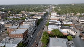 Downtown Ypsilanti, Michigan with drone video moving in a circle.