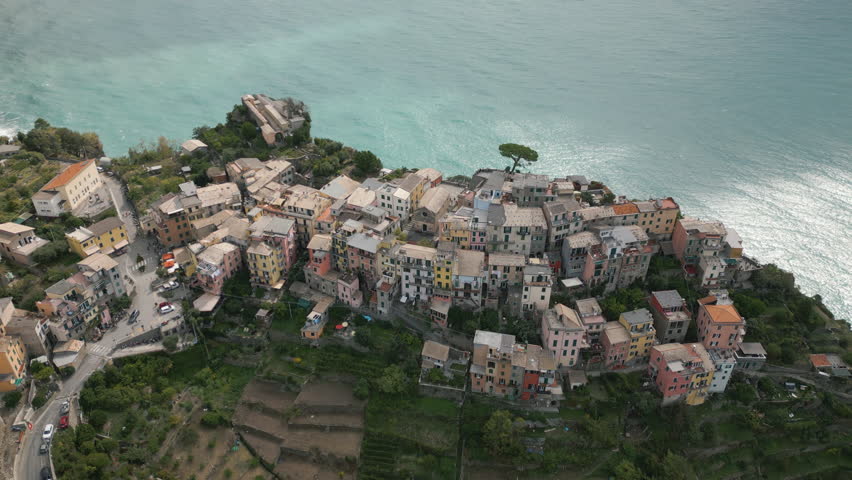 Aerial top view of Corniglia Colorful cityscape on the mountains Corniglia, Cinque Terre National Park, Liguria, Italy, Europe