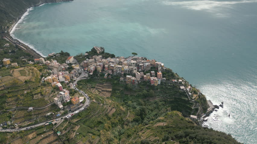 Aerial top view of Corniglia Colorful cityscape on the mountains Corniglia, Cinque Terre National Park, Liguria, Italy, Europe