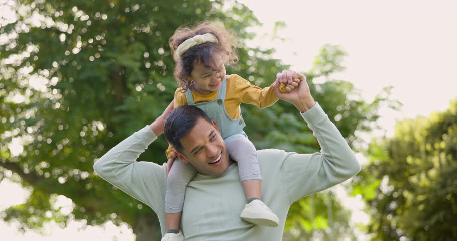 Happy, piggyback and father with girl in nature, bonding and having fun. Smile, dad and carrying child on shoulders, play and enjoying quality family time together outdoor in park with love and care. Royalty-Free Stock Footage #1105596707