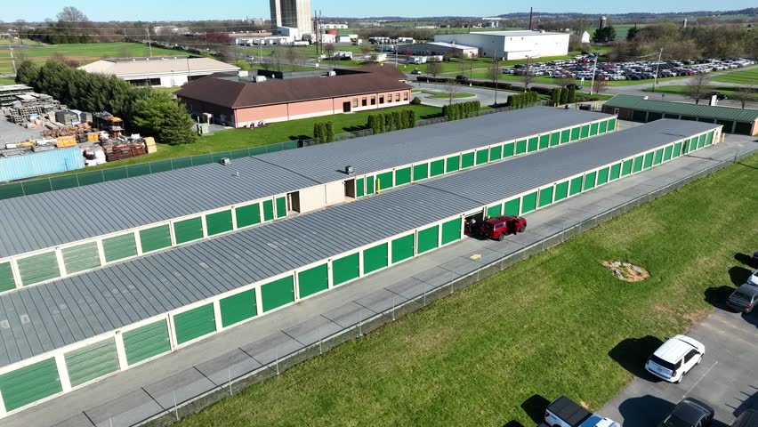 Panoramic aerial view of self storage units with people using the facility, Mount Joy Downtown, Pennsylvania, USA