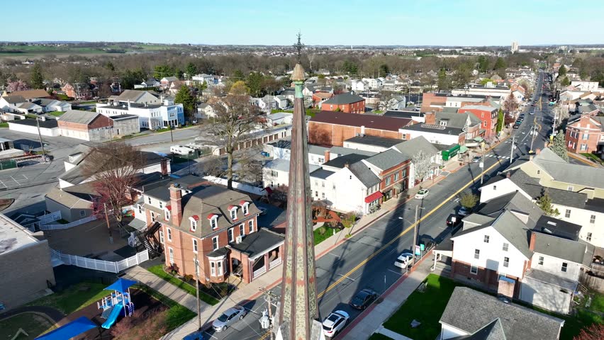 Drone shot revealing main street and neighborhood of Mount Joy Downtown, USA, a Buildings & Landmark Video by BlackBoxGuild