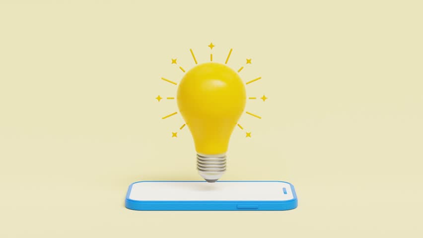 Brilliant idea for start-up to launch. Ideas inspiration concepts with lightbulb on 3d smartphone. Business start up or goal to success. 4K 3D loop animation
