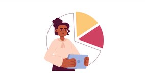 Presenter woman with pie chart 2D animation. Businesswoman presenting marketing plan 4K video motion graphic. Office meeting chart diagram colorful animated cartoon flat concept, white background