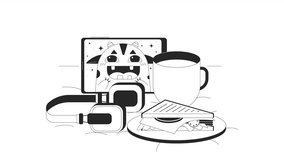 Cozy composition in bed bw animation. Animated cup of tea, tablet device and sandwich 2D flat monochromatic thin line scene. 4K video concept with alpha channel transparency for web design