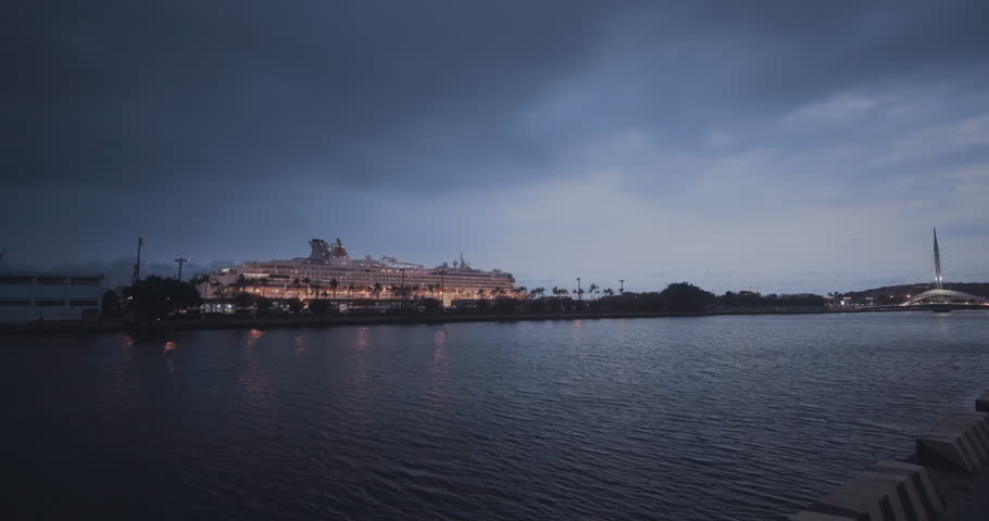 Large Cruise Ship In Kaohsiung Port In The Evening, Taiwan