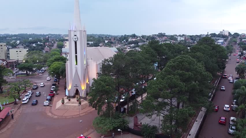 Aerial circle of San Antonio Cathedral as the evening falls