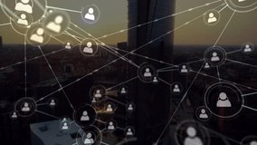 Animation of network of profile icons over aerial view of cityscape against sunset sky. Global networking and business technology concept - Powered by Shutterstock - Get 15% off with code: PIKWIZARD15