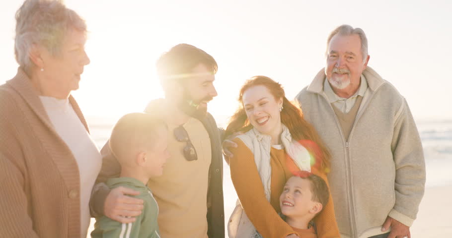 Happy, smile and sunset with big family at beach for travel, summer vacation and bonding. Happiness, generations and grandparents with children and parents at seaside holiday for relax and free time