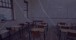 Animation of mathematical equations and network of connections over empty classroom. Education, learning, knowledge, science and digital interface concept digitally generated video.