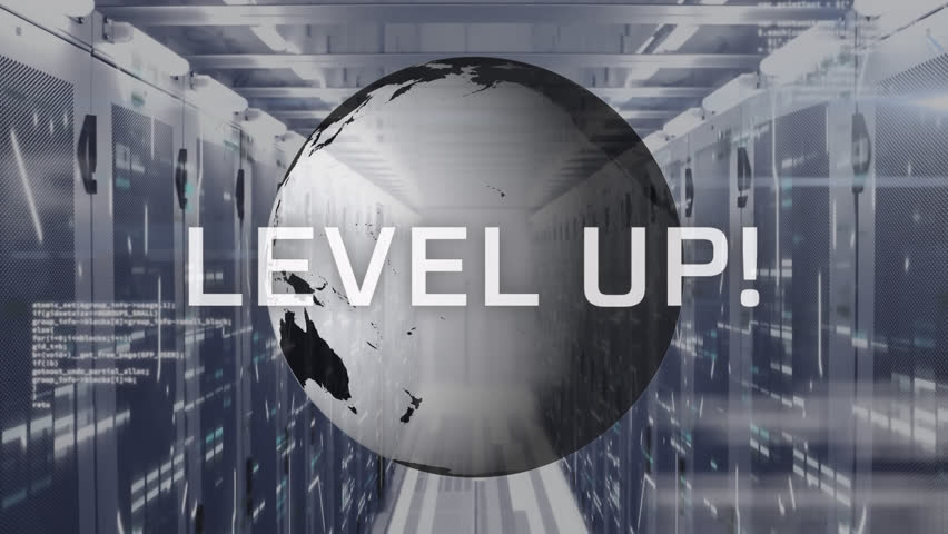 Animation of level up text over spinning globe and data processing against computer server room. Global networking and business data storage technology concept - Powered by Shutterstock - Get 15% off with code: PIKWIZARD15
