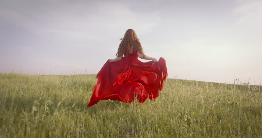 Happy joyful beautiful young woman in medieval vintage dress is runing in field, enjoying nature. Slow motion. Red vintage dress. Long red hair fly flutter in wind. Cheerful woman runs, back rear view Royalty-Free Stock Footage #1105608573