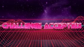 Animation of challenge accepted text over neon shapes on dark background. Global video game, connections, computing and data processing concept digitally generated video. - Powered by Shutterstock - Get 15% off with code: PIKWIZARD15