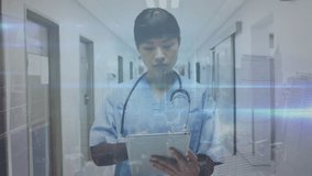 Animation of network of connections over asian female doctor in hospital. Global data processing, medicine, healthcare and digital interface concept digitally generated video.