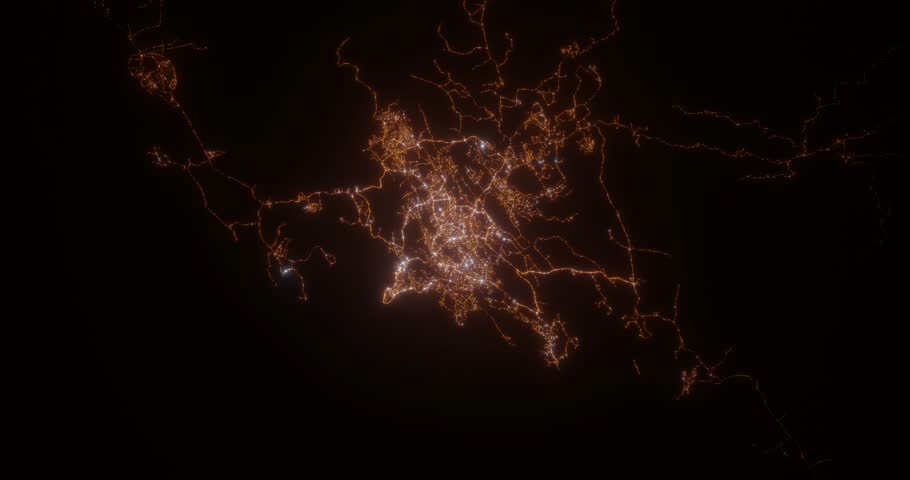 Port Moresby (Papua New Guinea) aerial view at night. View on modern city from space. Camera is zooming in, rotating counterclockwise