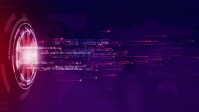 Violet glowing background with round HUD element. Moving bright rays of light with digital binary code. Technological hi-tech looped animation with world map. - Powered by Shutterstock - Get 15% off with code: PIKWIZARD15