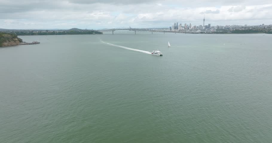 Aerial: Ferry in the waitemata harbour, Auckland, New Zealand 