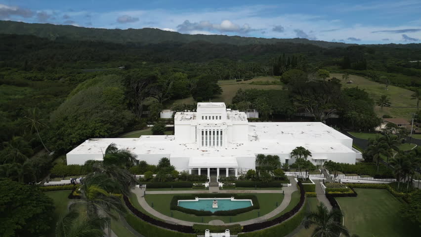 Establishing aerial rise over Laie Hawaii LDS Temple, Oahu, Hawaii.