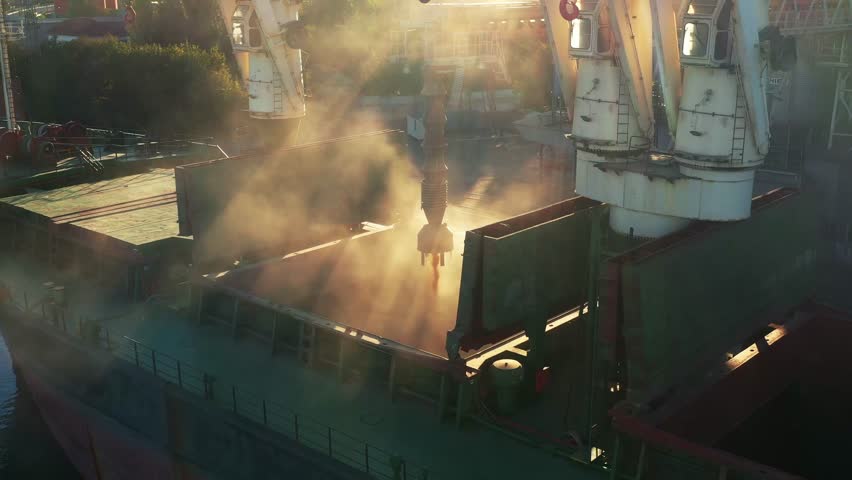 Aerial of wheat loading to bulker ship cargo hold at sea grain elevator in sea port. Wheat pouring from silo to bulk vessel via trunk at sea port terminal. Transportation of agricultural commodities. Royalty-Free Stock Footage #1105625145