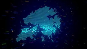 Futuristic Motion View Blue Colorful Shiny Digital Technology Hud Dots Mosaic Grid Hong Kong Map Light Scanning With Numeric Tech Particles Background, Seamless Loop - Powered by Shutterstock - Get 15% off with code: PIKWIZARD15