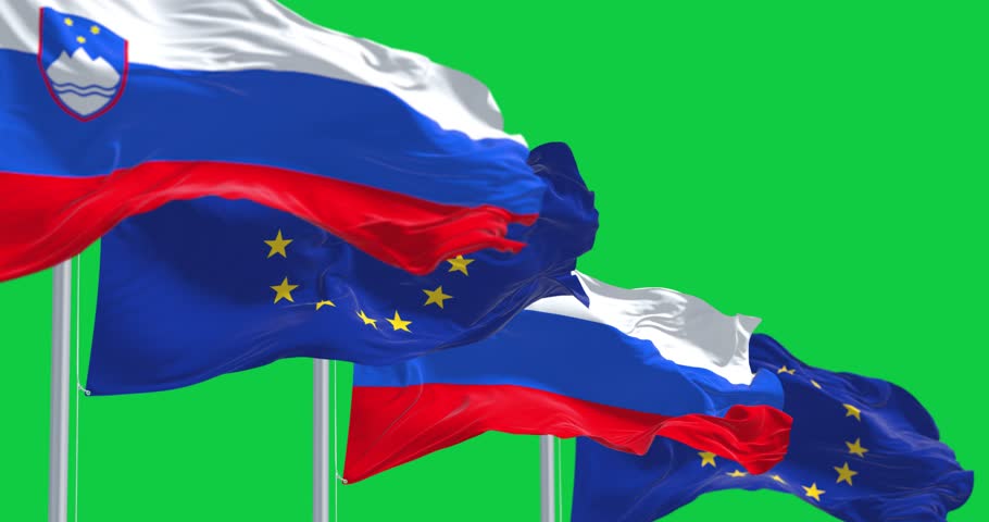 The flags of Slovenia and the European Union waving on green screen. Seamless 3D render animation. Green screen. Chroma key. Slow motion loop. 4K resolution