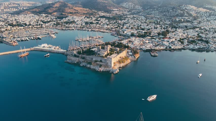 Aerial drone view of of resort town of Bodrum in Turkey with Bodrum ancient castle Royalty-Free Stock Footage #1105627263