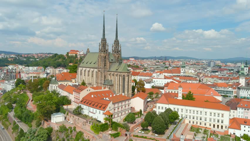 Aerial summer view of the Cathedral of St. Peter and Paul, locally known as Petrov, one of the most important architectural monuments of South Moravia, view point number one of Brno, Czech Republic