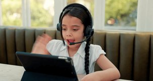 Sign language, child and tablet, headphones and video call education, e learning and online class for communication. Virtual school, kid or kids with hearing disability on digital technology at home