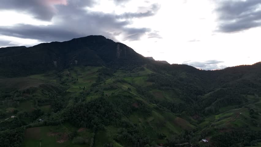 Aerial view of fog clouds forest, high mountain in Peru. "San Andres" national park (4000 m), hill in clouds. Travelling in South America. Cutervo, Cajamarca, Peru landscape.