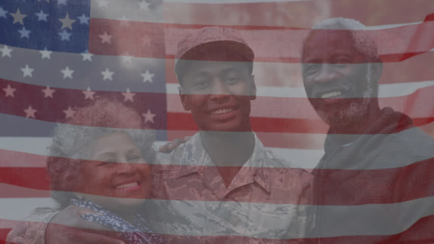 Animation of flag of america waving over smiling african american soldier with father and mother. Digital composite, multiple exposure, togetherness, pride, armed forces and patriotism concept. Royalty-Free Stock Footage #1105636841