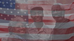 Animation of flag of america waving over smiling african american soldier with father and mother. Digital composite, multiple exposure, togetherness, pride, armed forces and patriotism concept. - Powered by Shutterstock - Get 15% off with code: PIKWIZARD15