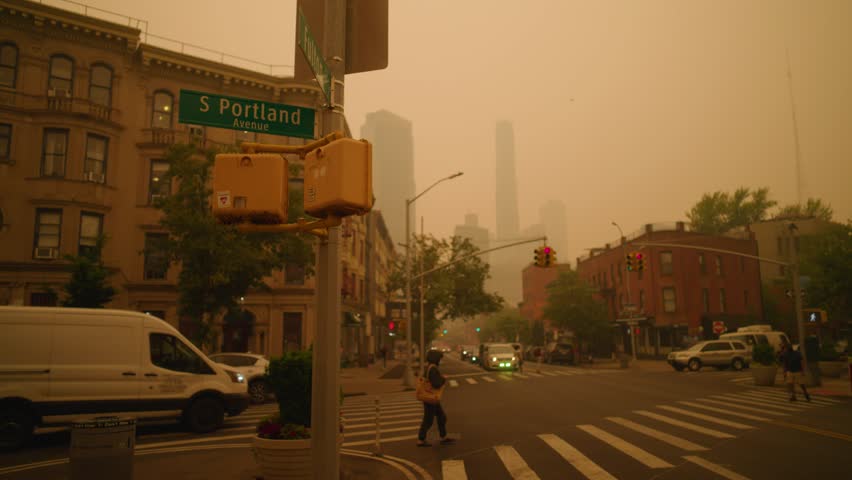 Brooklyn, New York.  Smoke From Canadian Wildfires.  South Portland Ave. Royalty-Free Stock Footage #1105637907