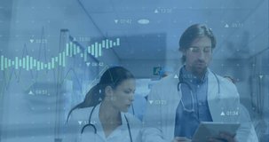Animation of data processing over diverse doctors. Global medicine, healthcare, computing and data processing concept digitally generated video.