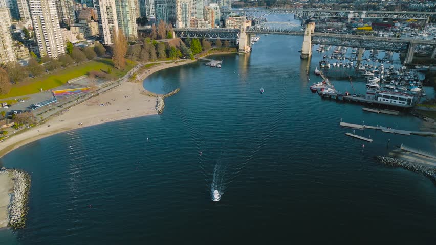 Stunning aerial view on downtown of Vancouver, Granville bridge and False Creek