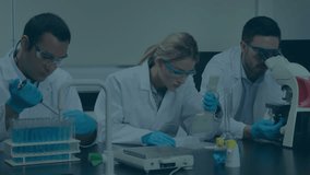 Animation of scientific data processing over diverse scientists in laboratory. Global science, research, computing and data processing concept digitally generated video. - Powered by Shutterstock - Get 15% off with code: PIKWIZARD15