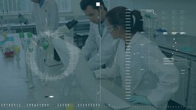 Animation of scientific data processing over diverse scientists in laboratory. Global science, research, computing and data processing concept digitally generated video.