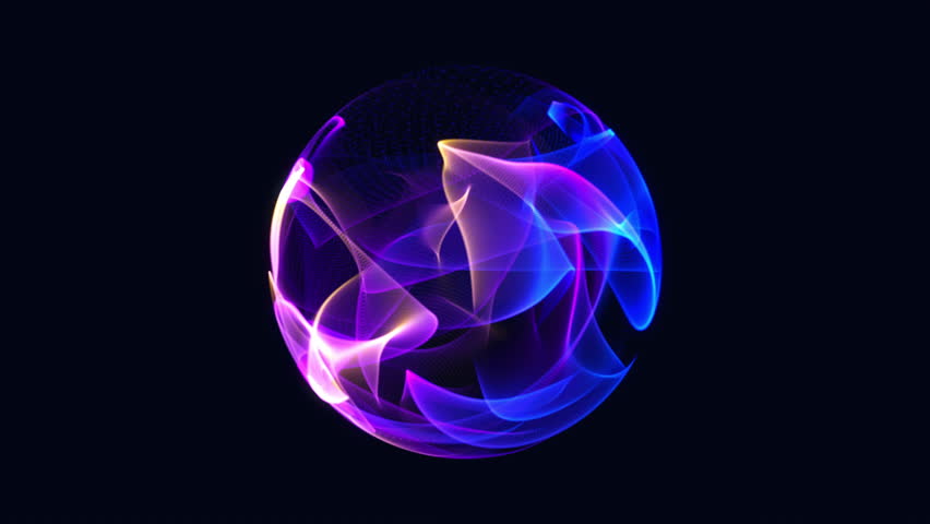 Bright glowing rotating particle 3d sphere in the Universe. Abstract technology, science, engineering and artificial intelligence background. Animated wave energy orb. Purple and blue. 4k loop.