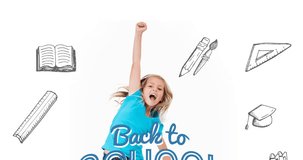 Animation of back to school text, caucasian schoolgirl and icons. Global education, learning, school, digital interface and data processing concept digitally generated video.