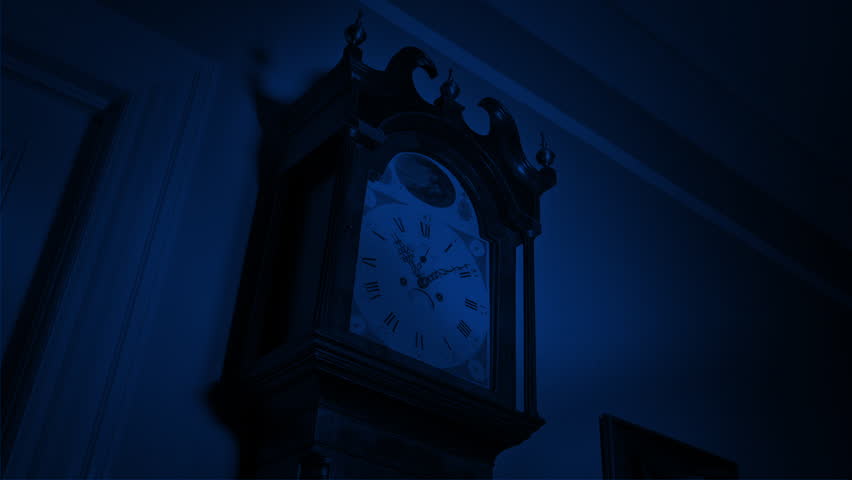 Monster Shadows And Lightning Over Grandfather Clock Gothic Scene
