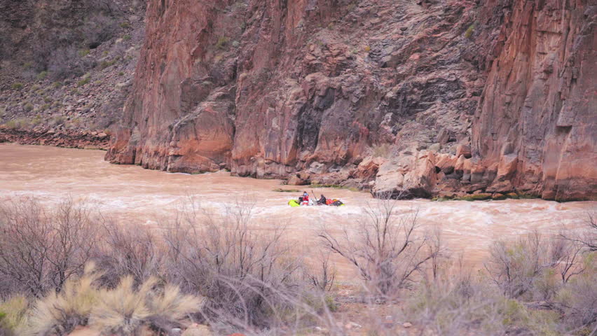Rowing Over Big Rapids In The Grand Canyon National Park In Arizona, United States. Aerial Wide Shot