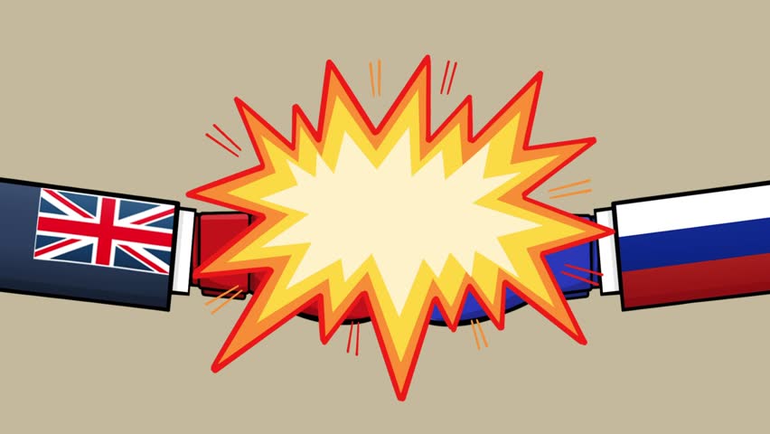 Russia vs United Kingdom political Conflicts. Conflicts Between Countries cartoon, Two businessmen Confrontation concept. Punch 4K Animation,  Chroma key. - Powered by Shutterstock - Get 15% off with code: PIKWIZARD15