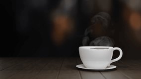 Coffee cup saucer, white ceramic in dark room with blur light from cafe pub background. Hot coffee with smooth smoke steam. Seamless loop. For product advertisement with copy space.  - Powered by Shutterstock - Get 15% off with code: PIKWIZARD15