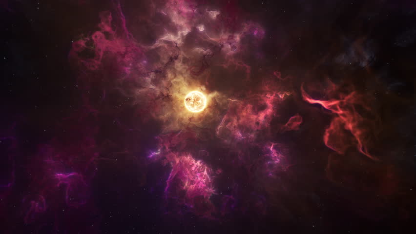 Early protostar with nebula clouds erupting from the Sun's surface. Star of our solar system concept 3D animation. Flares and coronal mass ejections unleash a torrent of searing hot gases into space.
