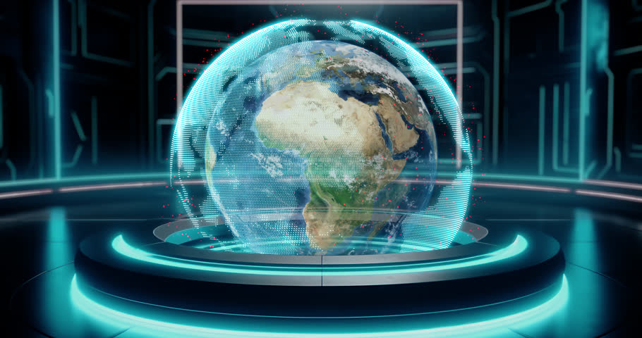 Earth planet. Spinning holographic projection with red satellites in a futuristic Sci-Fi room. Royalty-Free Stock Footage #1105657095
