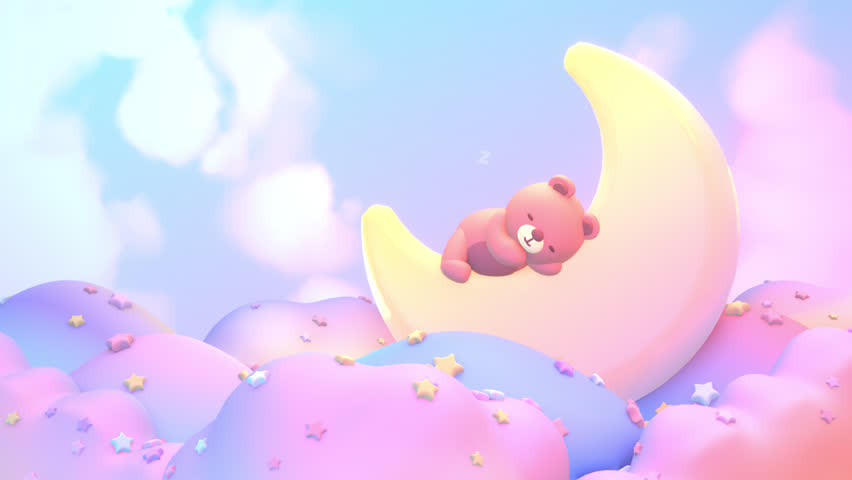 Looped cartoon bear sleeping on the moon.