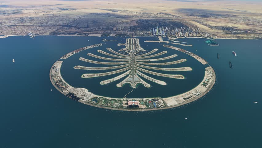 3D - Drone aerial view of The Palm Jumeirah. Dubai in the United Arab Emirates. UAE Royalty-Free Stock Footage #1105662159