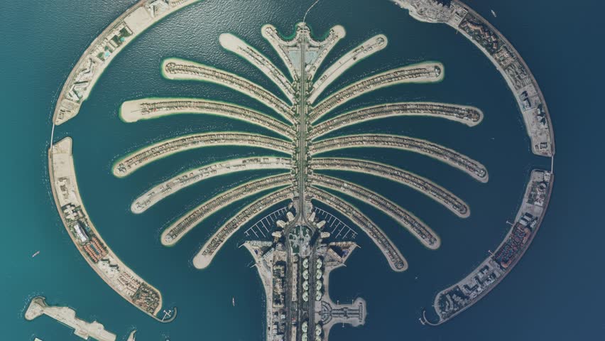 3D - Top aerial view of The Palm Jumeirah.Dubai in the United Arab Emirates. UAE Royalty-Free Stock Footage #1105662167